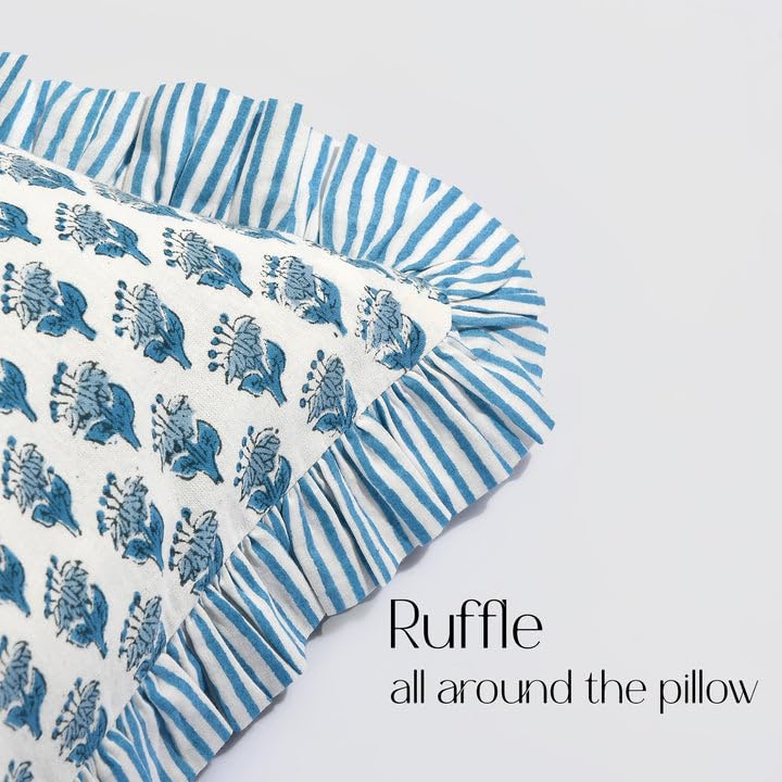 CPC Apatite Blue Block Print Ruffle Sham Pillow Cover 12x20 Inch, Pack of 1 - color: Apatite Blue, size: 20" x 12" (Pack of 1)