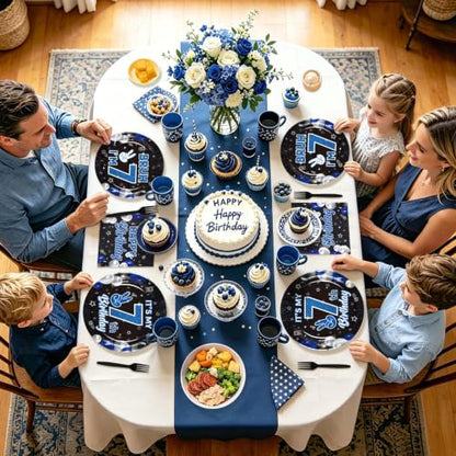 96 Pcs Bruh 7th Birthday Party Decorations for Boys, Serves 24 - style: Black Blue Bruh 7th Plates