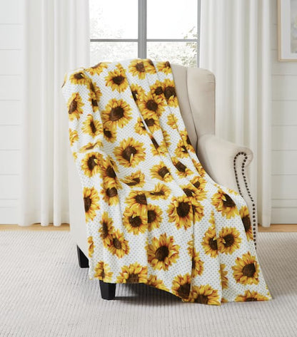 Serafina Home Summer Sunflower Throw Blanket: Beautiful Fleece Flowers with Yellow Brown White Accents, 50" x 60", for Couch, Bed, Travel - color: Sunflower