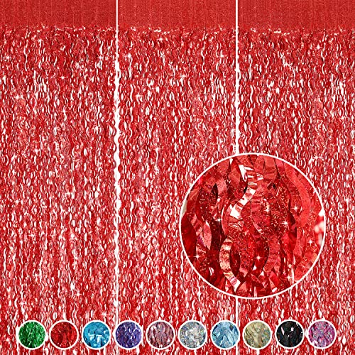 3 Pack Red Backdrop Curtain - CYLMFC 3.3 ft x 6.6 ft Foil Backdrop Curtain Streamers Birthday Decorations for Birthday Party Christmas Graduation Decor - color: Laser Red