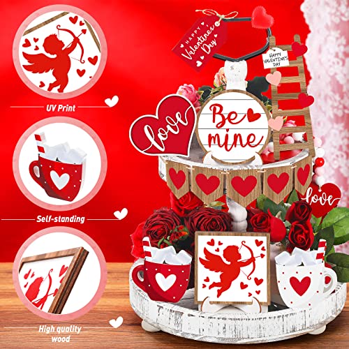 Frienda 12 Pieces Tiered Tray Decor Buffalo Plaid Table Wooden Sign Decorations Cupid Tabletop Heart Signs Be Mine Love Decor for Party Home Kitchen Holiday - style: Heart