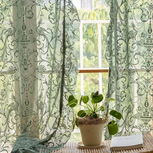 TUDECO Green Lace Sheer Curtains 72 Inch Length, Ruffle Edges, 2 Panels - color: Olive Green, size: 59"W x 72"L (Pack of 2)