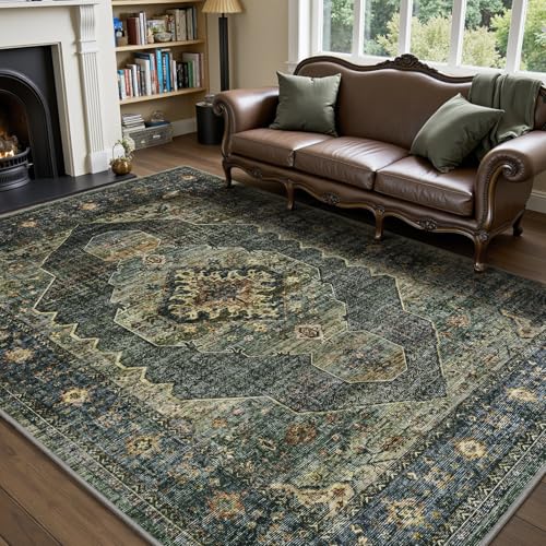 Olive Green 5x7 Area Rugs for Living Room Bedroom Rug Washable Soft Vintage Neutral Farmhouse Dining Room Office Rug Carpet Water Repellent Easy Care Non Slip - color: Dark Green/Olive, size: 5' x 7' (Rectangular)