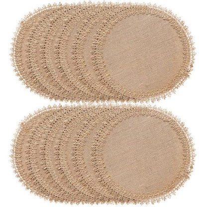 FunWheat Burlap Round Braided Placemats Set of 12 for Dining Tables 15 Inch Heat Resistant Jute Table Mats Farmhouse Woven Fabric Natural Place mats (Brown Jute Lace) - color: H Brown Jute Lace, size: 12pcs