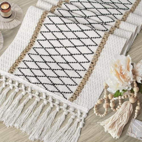 yuboo 72 Inch Boho Farmhouse Table Runner - color: Black&beige, size: 72 inch