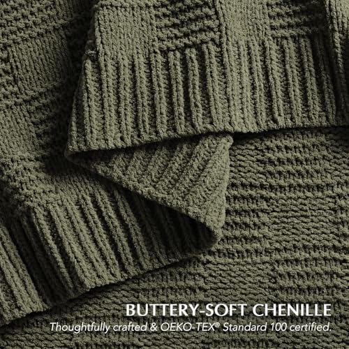 EVERGRACEHOME Modern Checkered Chenille Throw Blanket, 60x80, Olive Green - color: Olive Green, size: 60" X 80"