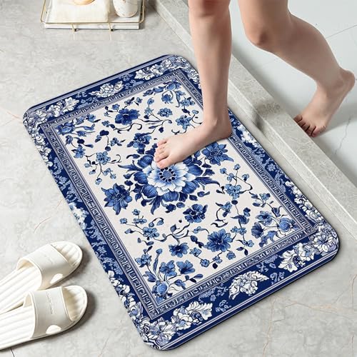 Bath Mat 29.5"x17", Blue Vintage Mandala Floral Slim Low-Profile Fast Drying Super Absorbent Bathroom Rug with Non-Slip Backing, Easy-Clean Modern Floor Mat for Tub, Shower, or Entryway - color: Blue Vintage Mandala Floral