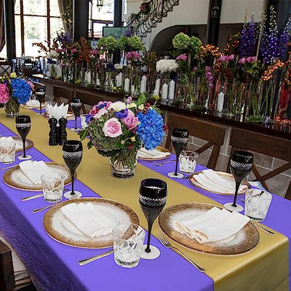 8Pack Disposable Plastic Tablecloths and Satin Table Runner Set Purple and Gold Dot Tablecloth Gold Satin Table Runner for Wedding Birthday Baby Shower Anniversary Christmas New Year Party Supplies - color: Purple and Gold, size: 8 Pack
