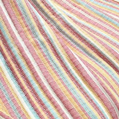 Lush Decor Tracy Stripe Boho Kantha Pick Stitch Cotton Throw Blanket Single 50" W x 60" L Rust & Yellow - Striped Throw Blankets for Bed - Couch Blanket