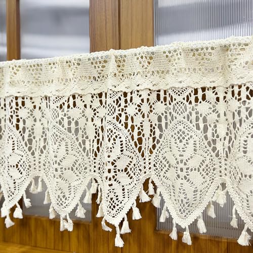 Rustic Crochet Curtains Valance for Kitchen Cotton Lace Curtains for Small Window Farmhouse Tassel Curtains for Coffee Decor Rod Pocket Hollow Sheer Curtain Tiers for Bath 1 Panel W35 X L15 Inch