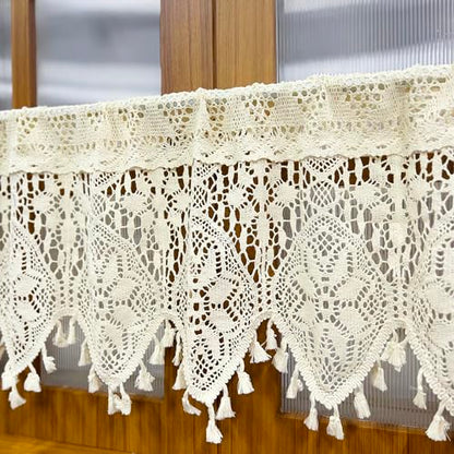 Rustic Crochet Curtains Valance for Kitchen Cotton Lace Curtains for Small Window Farmhouse Tassel Curtains for Coffee Decor Rod Pocket Hollow Sheer Curtain Tiers for Bath 1 Panel W35 X L15 Inch