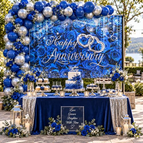 Mocsicka Happy Anniversary 배경, 블루 앤 실버, 2.1x1.5m(7x5피트) - color: 블루., size: M-(82x60 inch)