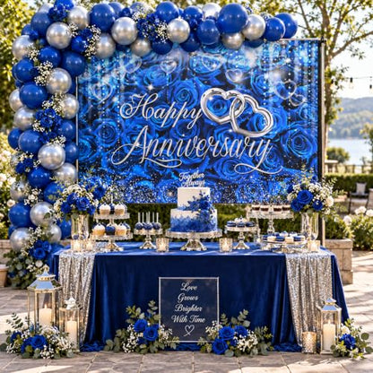 Mocsicka Happy Anniversary 배경, 블루 앤 실버, 2.1x1.5m(7x5피트) - color: 블루., size: M-(82x60 inch)