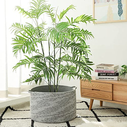 KAKAMAY Large Blanket Basket (20"x13"),Woven Baskets for storage Baby Laundry Hamper, Cotton Rope Blanket Basket for Living Room, Laundry, Nursery, Pillows, Grey with Blue & Brown Dotted - color: Grey Dot