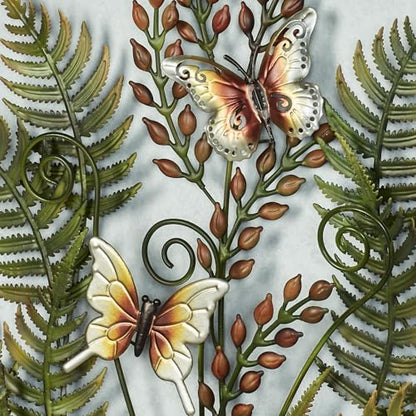 Fern Leaf Nature Metal Wall Sculpture | Handpainted Green, Brown, Ivory, and Gold Earth Tones | Dimensional Textured Botanical Fern Frond Round Wall Art | Textured Metallic Butterfly Circle Wall Decor