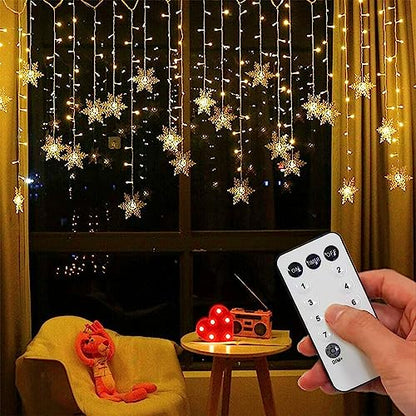 String Lights LED Curtain Light, 96 LED Fairy Hanging String Lights Waterproof Christmas Snowflake Lights with Wireless Control for Outside Indoor Bedroom Party Fence Patio - Warm White - color: White