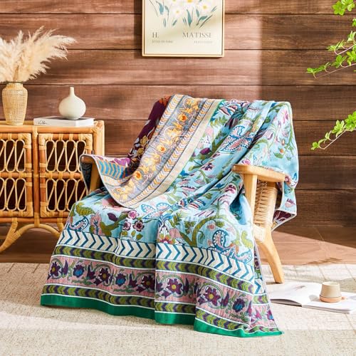 Boho Throw Blanket 100% Cotton Muslin Woven Blanket Bohemian Bed Throws Vintage Rustic Farmhouse Decor Reversible Bed Blanket Quilt for All Seasons（Blue 50"x60"） - color: D-blue Flower Blanket, size: Throw-50"x60"