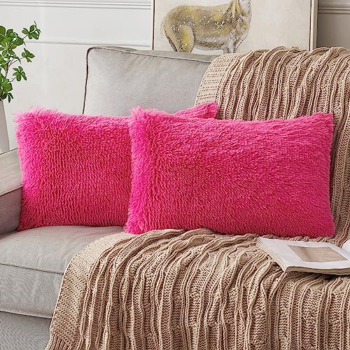 ANRODUO Pack of 2 Hot Pink Throw Pillow Covers Luxury Fluffy Pillows Faux Fur Decorative Pillows Plush Cushion Case Fuzzy Mongolian Merin Style for Bed Couch Sofa Living Room Summer Decor 12x20 Inch - color: Hot Pink, size: 20" x 12" (Pack of 2)