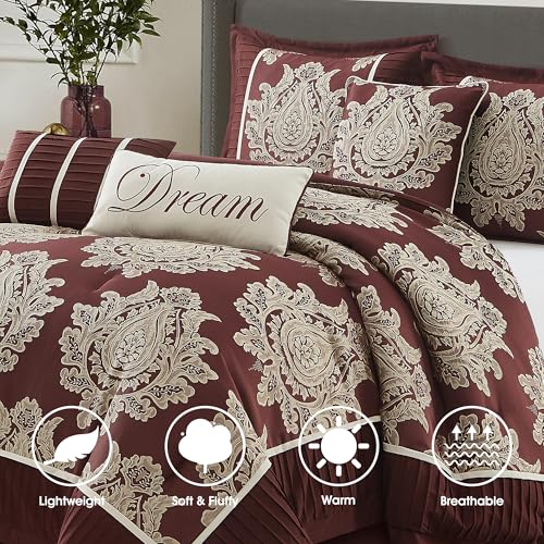 LANCO MODERN LIFESTYLE Burgundy California King Comforter Set 7 Pieces, Jacquard Woven with Damask, Bedding Set in a Bag Includes Comforter, Bed Skirt, Pillow Shams, and Decorative Pillows - color: Burgundy, size: California King