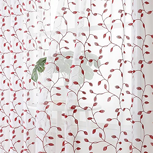 Tollpiz Leaves Sheer Tier Curtain Burgundy Red Leaf Embroidery Kitchen Half Curtains Rod Pocket Voile Faux Linen Embroidered Leaves Curtain for Bathroom, 30 x 36 inches Long, Set of 2 Panels - color: Burgundy Red, size: 30"W x 36"L (Pack of 2)
