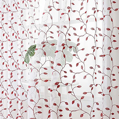 Tollpiz Leaves Sheer Tier Curtain Burgundy Red Leaf Embroidery Kitchen Half Curtains Rod Pocket Voile Faux Linen Embroidered Leaves Curtain for Bathroom, 30 x 36 inches Long, Set of 2 Panels - color: Burgundy Red, size: 30"W x 36"L (Pack of 2)