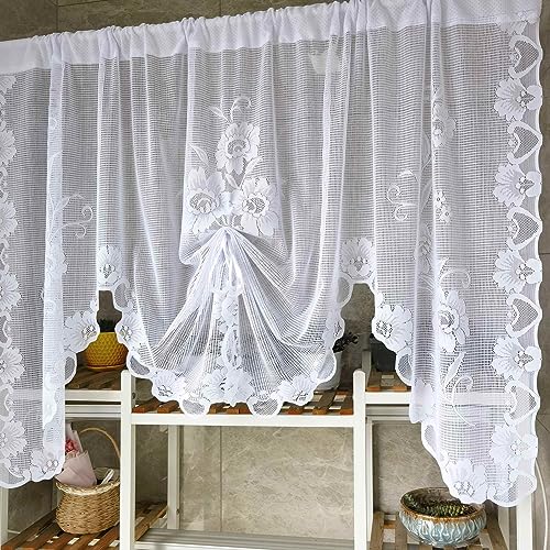 1 Panel White Floral Embroidery Tie-Up Sheer Lace Curtain Valance - color: White, size: 70"W x 39"L (Pack of 1)