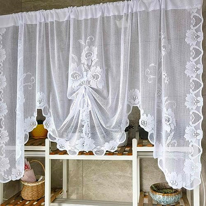 2 Panels Floral Embroidery Tie Up Sheer Lace Curtain Valance - color: White, size: 70"W x 39"L (Pack of 2)
