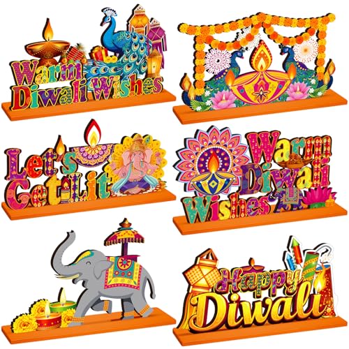 CroBlissful 6 Pcs Diwali Wooden Table Decor, Warm Diwali Washes Wooden Sign - style: Diwali