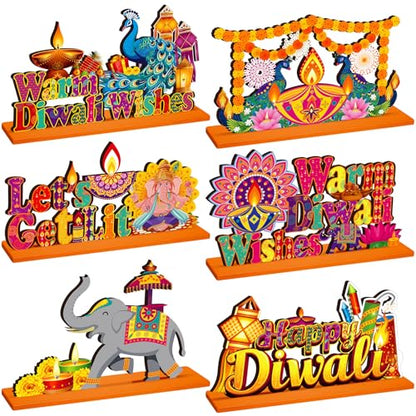 CroBlissful 6 Pcs Diwali Wooden Table Decor, Warm Diwali Washes Wooden Sign - style: Diwali