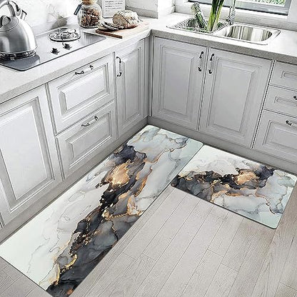 Mrcrypos 2 Pieces Luxury Black and Gold Marble Kitchen Mats PVC Leather - color: Black Marble, size: 17" W x 29" L + 17" W x 47" L