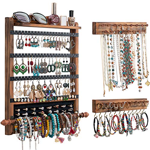 3Pcs Wood Earring Organizer,Wall Jewelry Organizer,Jewelry Storage - color: Brown+Black