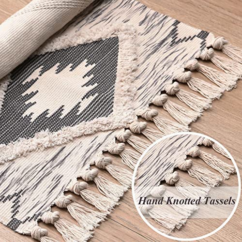 Boho Runner Rug 2'x4.3', Washable Hallway Rug Runner Non Slip Rubber Backed, Kitchen Farmhouse Area Rug Floor Mat with Tassels, Tufted Woven Cotton Entryway Carpet, Grey - color: Grey, size: 2' x 4'3" (Runner)