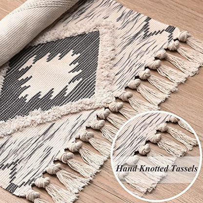 Boho Runner Rug 2'x4.3', Washable Hallway Rug Runner Non Slip Rubber Backed, Kitchen Farmhouse Area Rug Floor Mat with Tassels, Tufted Woven Cotton Entryway Carpet, Grey - color: Grey, size: 2' x 4'3" (Runner)