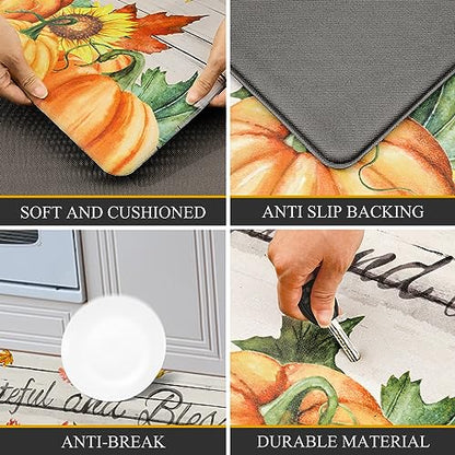 Pauwer Fall Pumpkin Kitchen Rugs Set of 2, Anti Fatigue Kitchen Mats - color: Grateful Blessed