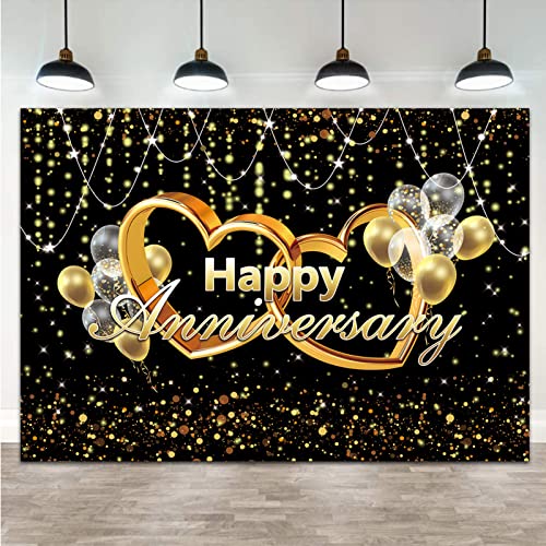 Happy Anniversary Backdrop Black and Gold Balloons Photography Background Poster for Wedding Anniversary Party Birthday Party Decorations Banner 7x5ft - size: 7X5FT(210x150cm)