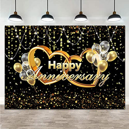 Happy Anniversary Backdrop Black and Gold Balloons Photography Background Poster for Wedding Anniversary Party Birthday Party Decorations Banner 7x5ft - size: 7X5FT(210x150cm)