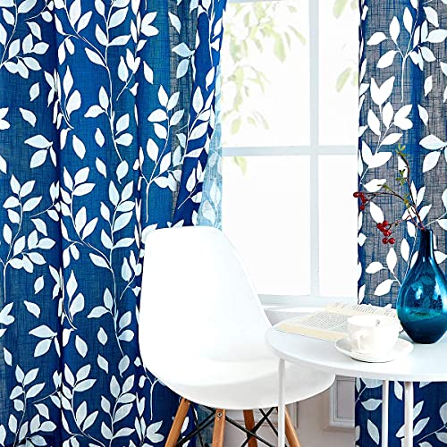 Navy Blue White Leaf Semi Sheer Curtains 63" Bedroom Panels Drapes 2pk - color: Navy, size: 52"W x 63"L (Pack of 2)