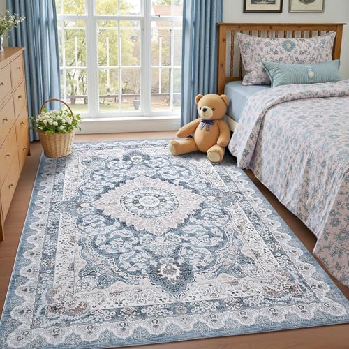Macgace Washable Vintage Area Rug for Living Room, 5x7 Rugs Blue & Beige - color: Blue & Beige, size: 5' x 7' (Rectangular)