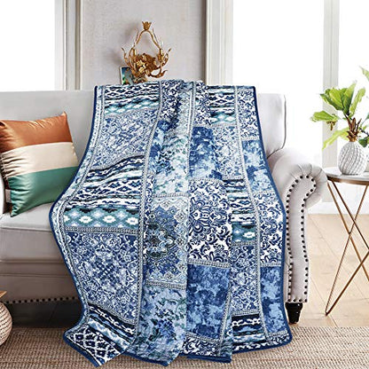 NEWLAKE Quilted Throw Blanket for Bed Couch Sofa, Blue Classic Bohemian, 60X78 Inch - color: Blue