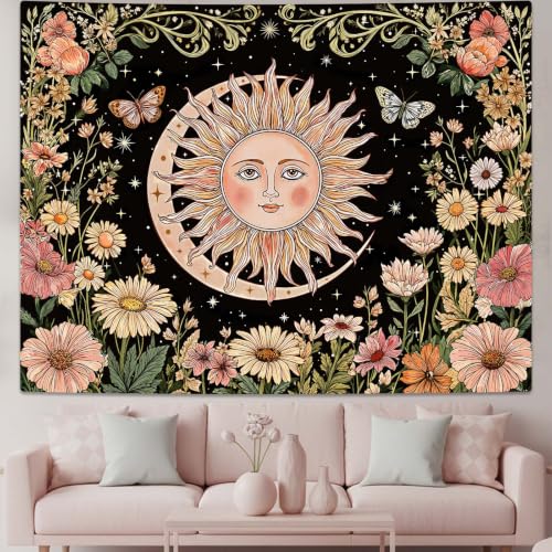 Aipon Boho Vintage Sun and Moon Hippie Floral Tapestry 80 x 60 Inch - color: Black Sun Daisy, size: 80"L x 60"W