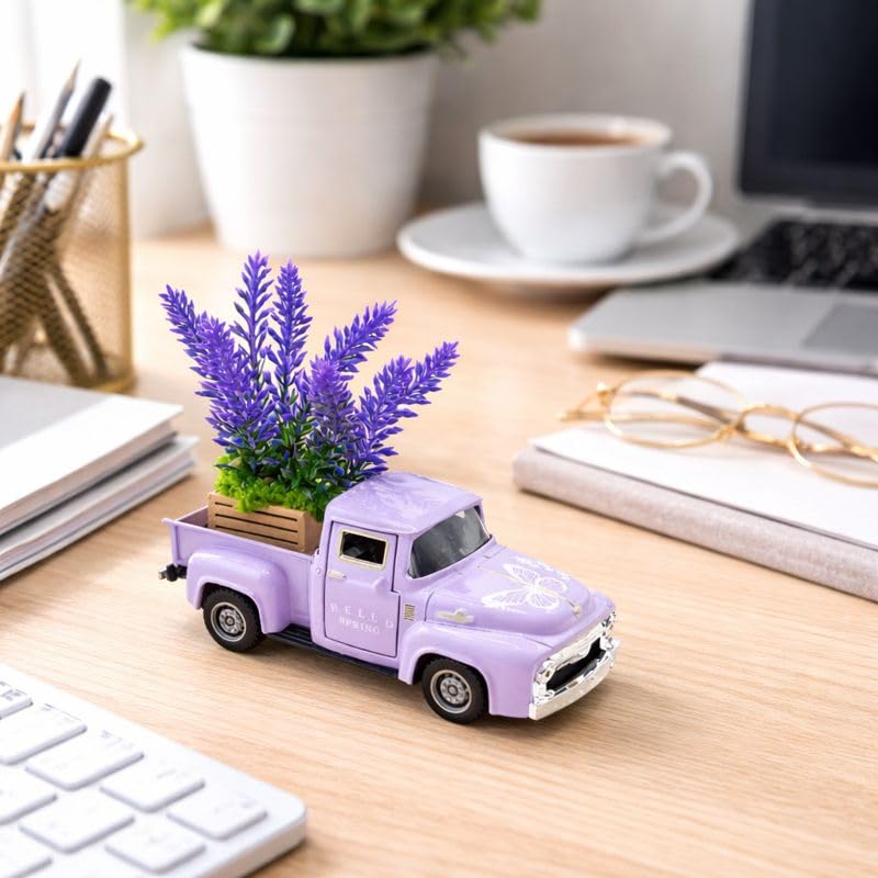 Purple Spring Truck Decor with Lavender Flowers, 5.7 Inch Metal Farm Pickup - color: Purple
