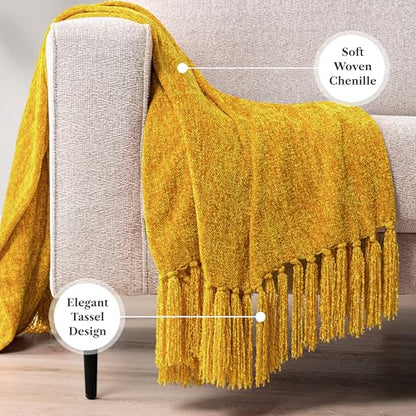 PAVILIA Chenille Throw Blanket Knit Sofa Couch Tassel Throw, Yellow 50x60 - color: Mustard Yellow, size: 50 X 60 Inches - Throw