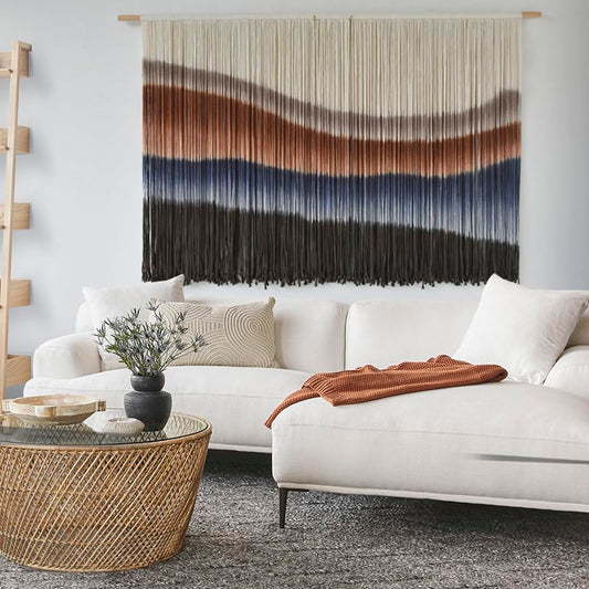 Macrame Wall Hanging Tie-Dye Bule Boho Wall Decor Yarn Fiber Art 57"W*35"L - color: Brown and Blue