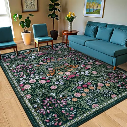 PLHXFR 8x10 Area Rug Living Room: Floral Washable Boho Carpet Dark Green - color: Dark Green, size: 8' x 10' (Rectangular)