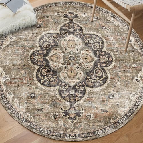 ReaLife Rugs Machine Washable Area Rug - Living Room Bedroom Bathroom Kitchen Entryway Office - Non Slip Low Pile Stain Resistant Premium - Boho Farmhouse Vintage - Joy - Brown Beige 6' Round - color: Medallion - Brown Ivory, size: 6' (Round)