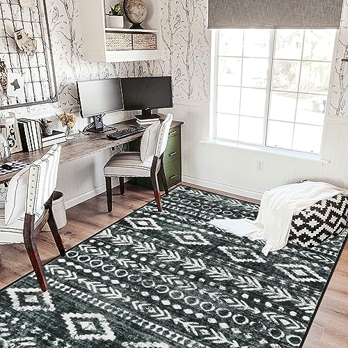 Lahome Boho Moroccan Area Rugs 5x7, Washable Black White Rug for Living Room Non Slip, Low-Pile Soft Farmhouse Tribal Print Bedroom Rug Stain Resistant Large Playroom Carpet for Office Varena - color: Black/White, size: 5' x 7'