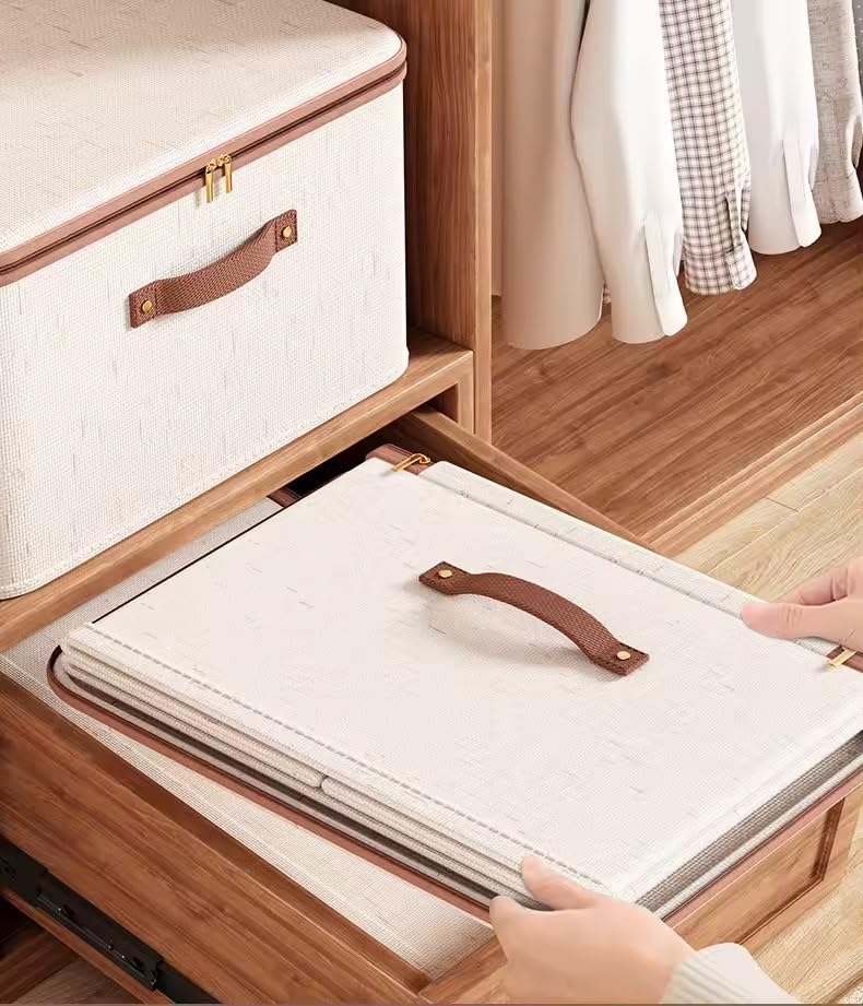 Storage Box with Lid & Zipper – 56L Large Cotton Linen Organizer Bin, Hardboard Structure, Gold Two-Way Zipper, Leather Handle, Foldable Closet Box for Clothes Blankets Toys, Beige