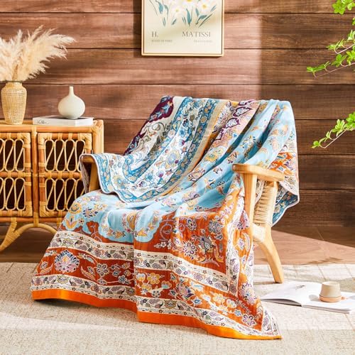 Boho Throw Blanket 100% Cotton Muslin Woven Blanket Bohemian Bed Throws Vintage Rustic Farmhouse Decor Reversible Bed Blanket Quilt for All Seasons（Yellow 50"x60"） - color: A- Boho Brwon Blue, size: Throw-50"x60"