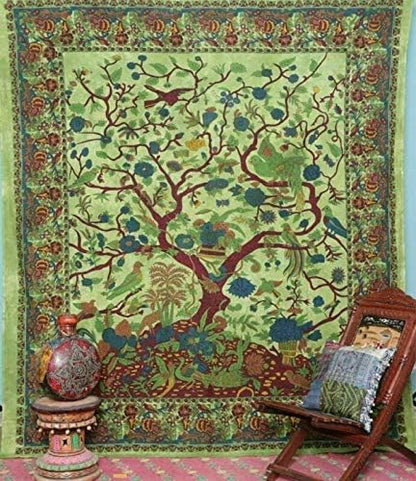 Popular Handicrafts Tapestry Wall Hanging Tree of Life Hippie Mandala Bohemian Hippy Kaleidoscopic Intricate Floral Design Indian Tapestries Bedspread 84x90 Inches,(215cm x 230cm) Green - color: Green, size: 90"L x 84"W