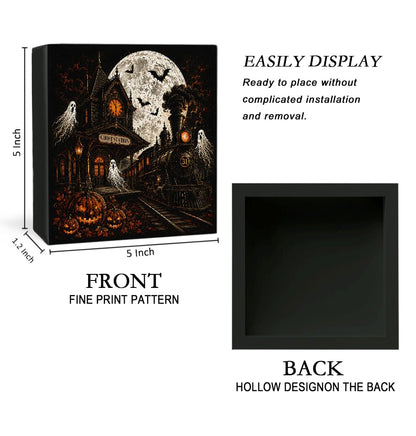 Halloween Ghost Station Wooden Box Decorative Sign 5x5 Inch - color: J